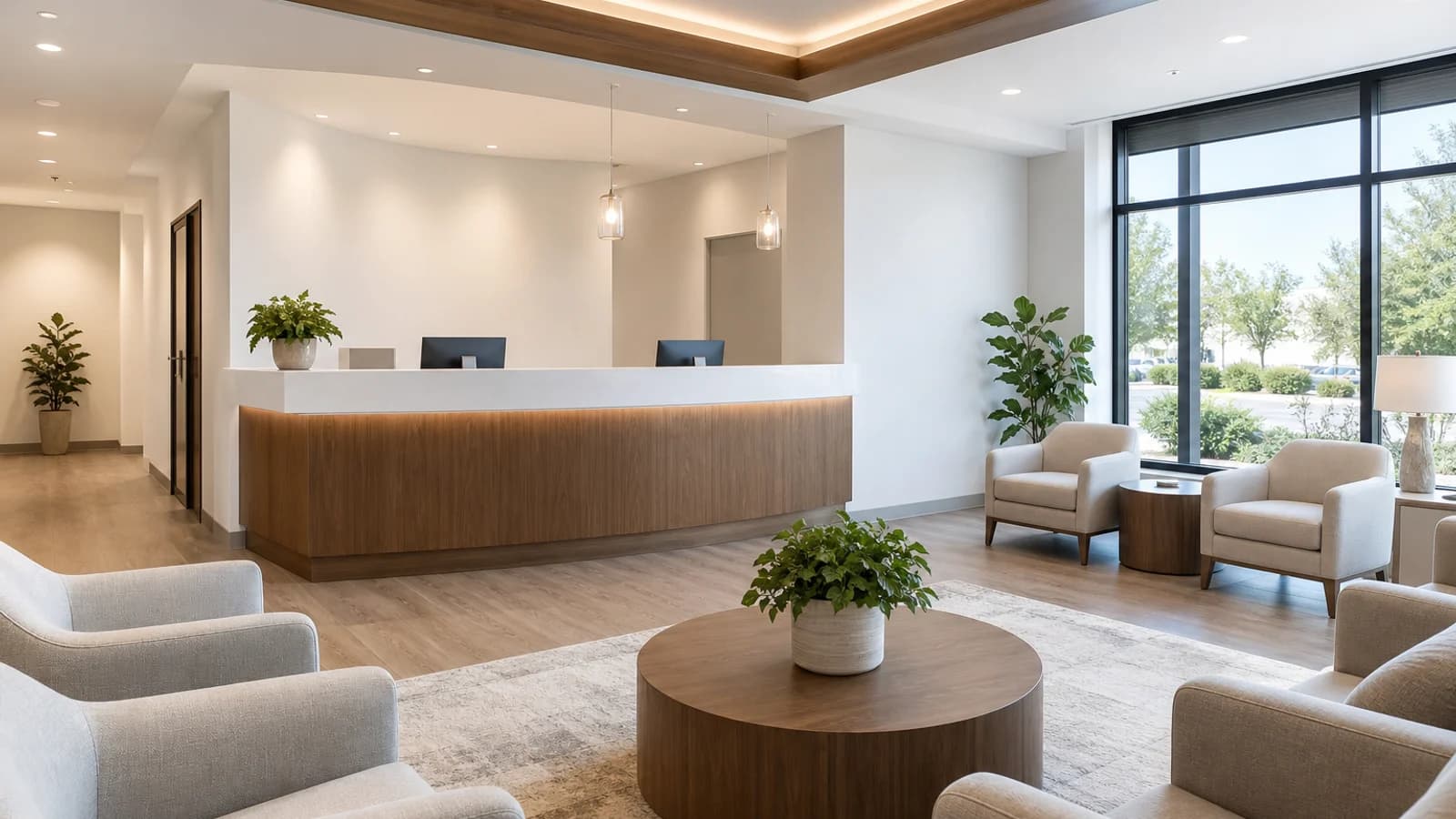 A bright, modern dental office reception and waiting area with comfortable seating and plants