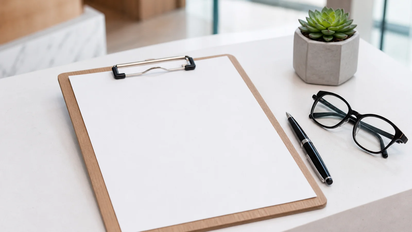 A clipboard with a blank new patient intake form, a pen, and reading glasses on a clean reception desk