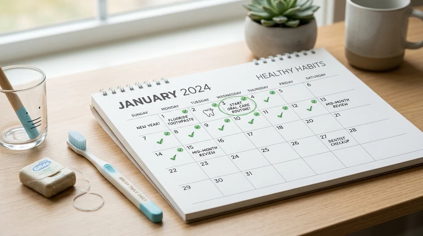Person writing new year health resolutions in a journal with a toothbrush nearby