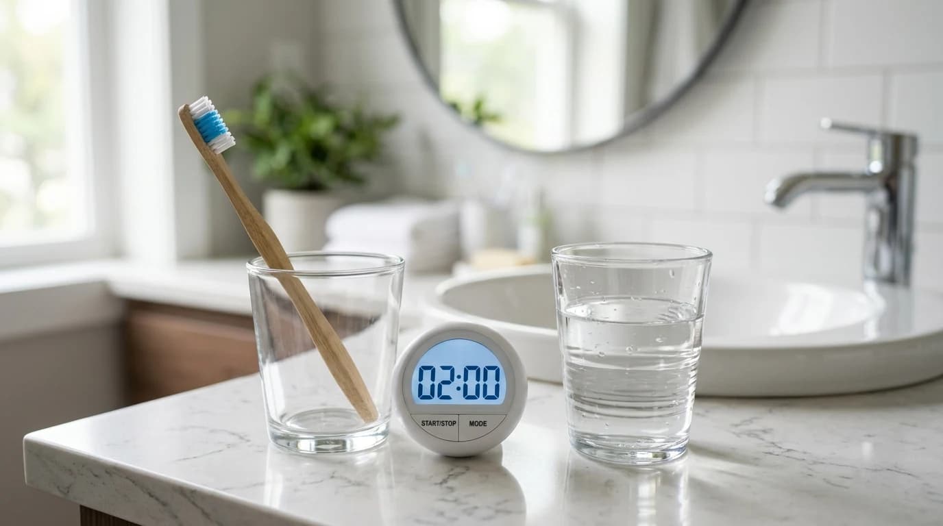 Electric toothbrush, floss, and mouthwash arranged on a clean bathroom counter