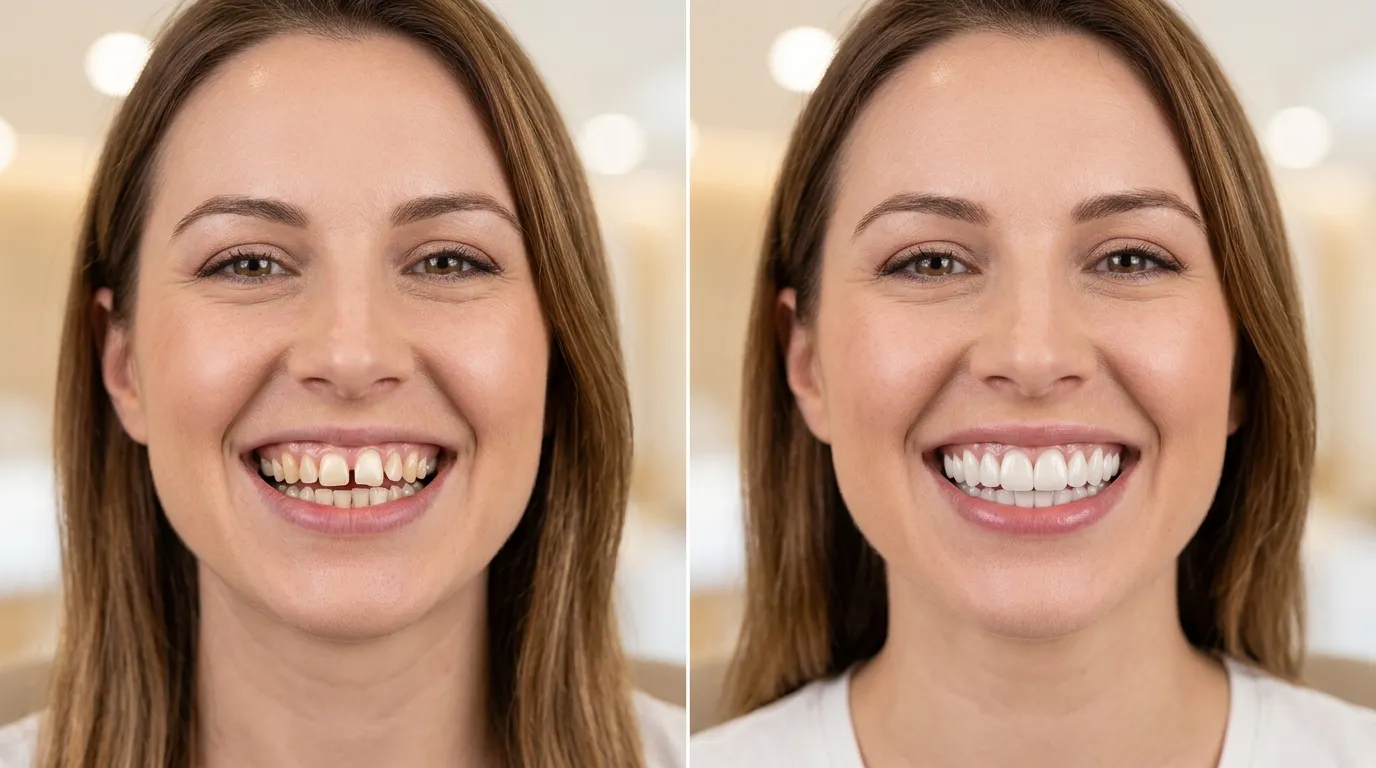Before and after porcelain veneer placement showing a natural, bright smile transformation