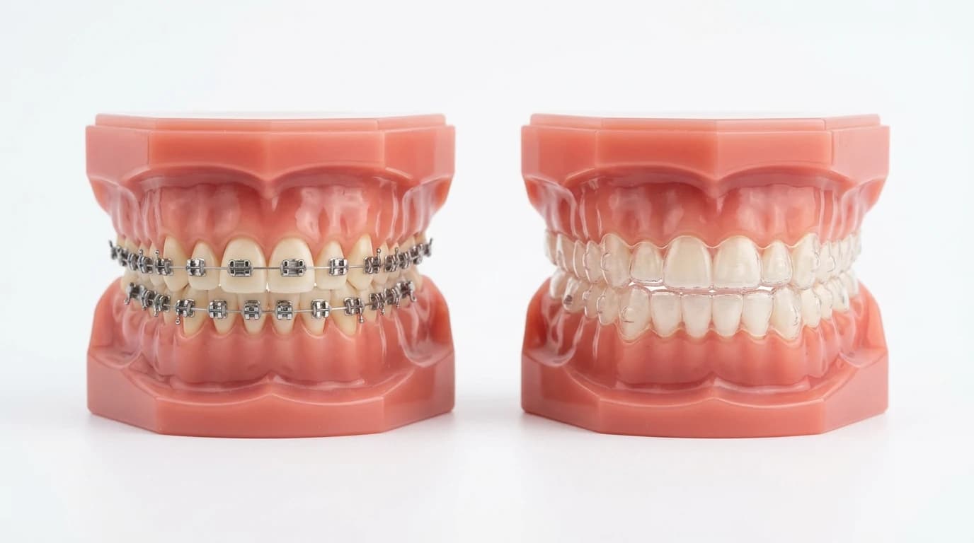 Side-by-side comparison of clear aligner trays and traditional metal braces on dental models