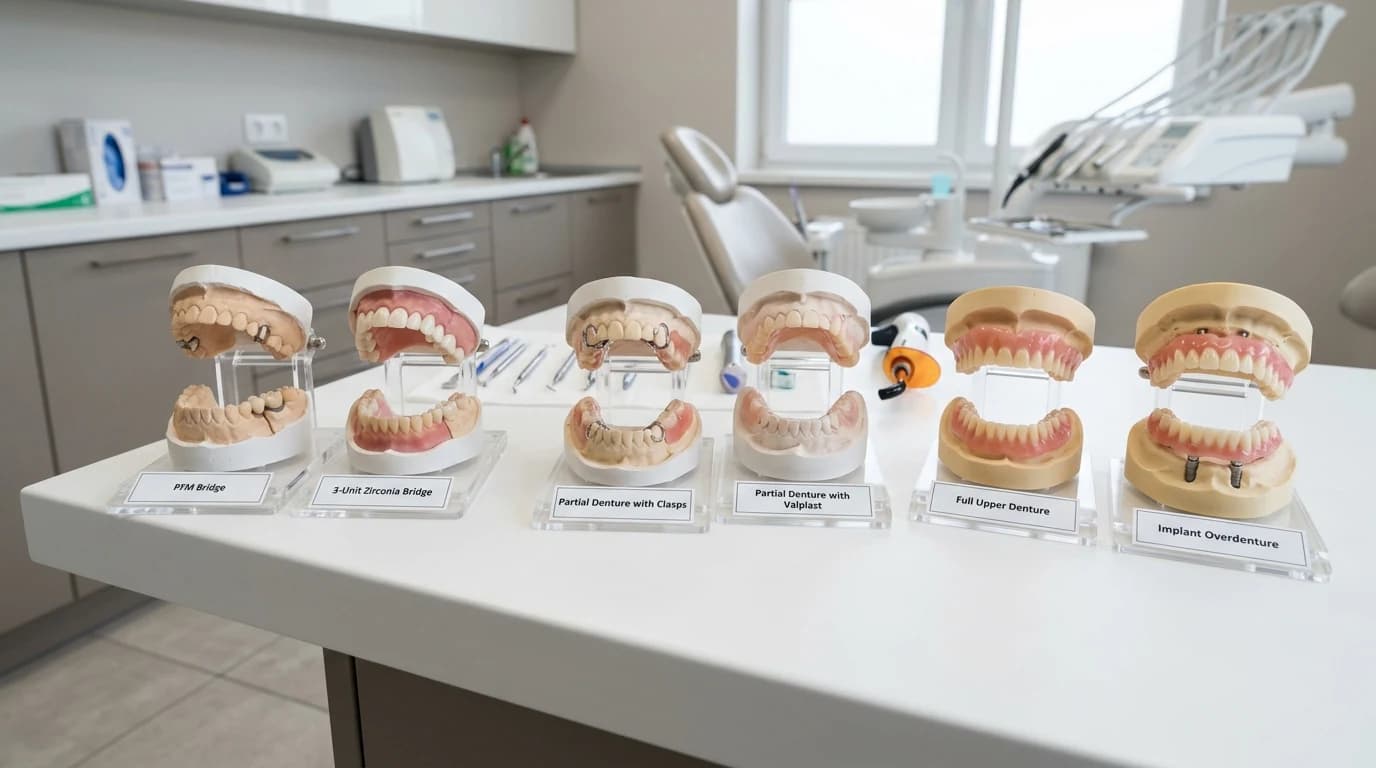 Restorative dental models showing implants, bridges, and dentures at Meadowbrook Dental Care