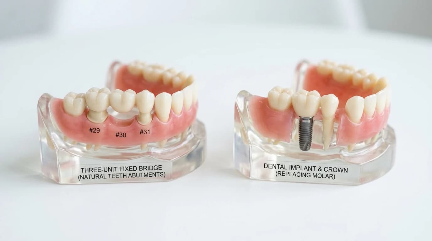 Side-by-side comparison of a dental implant model and a fixed bridge model