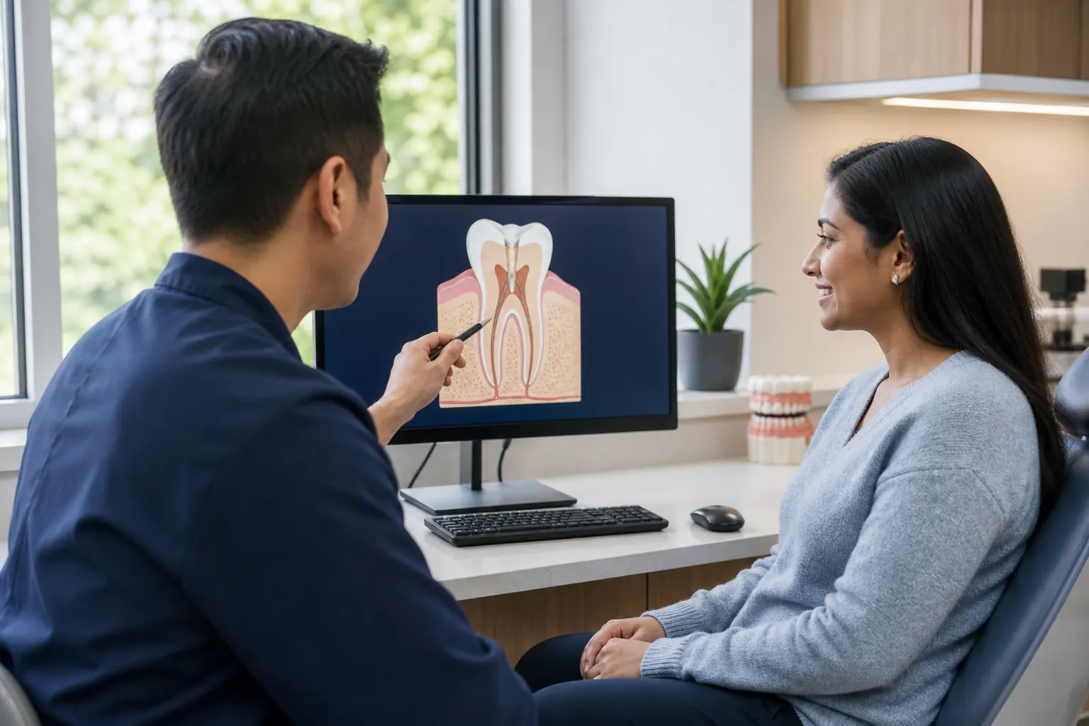 Dentist explaining root canal anatomy on a monitor to a patient during a treatment consultation