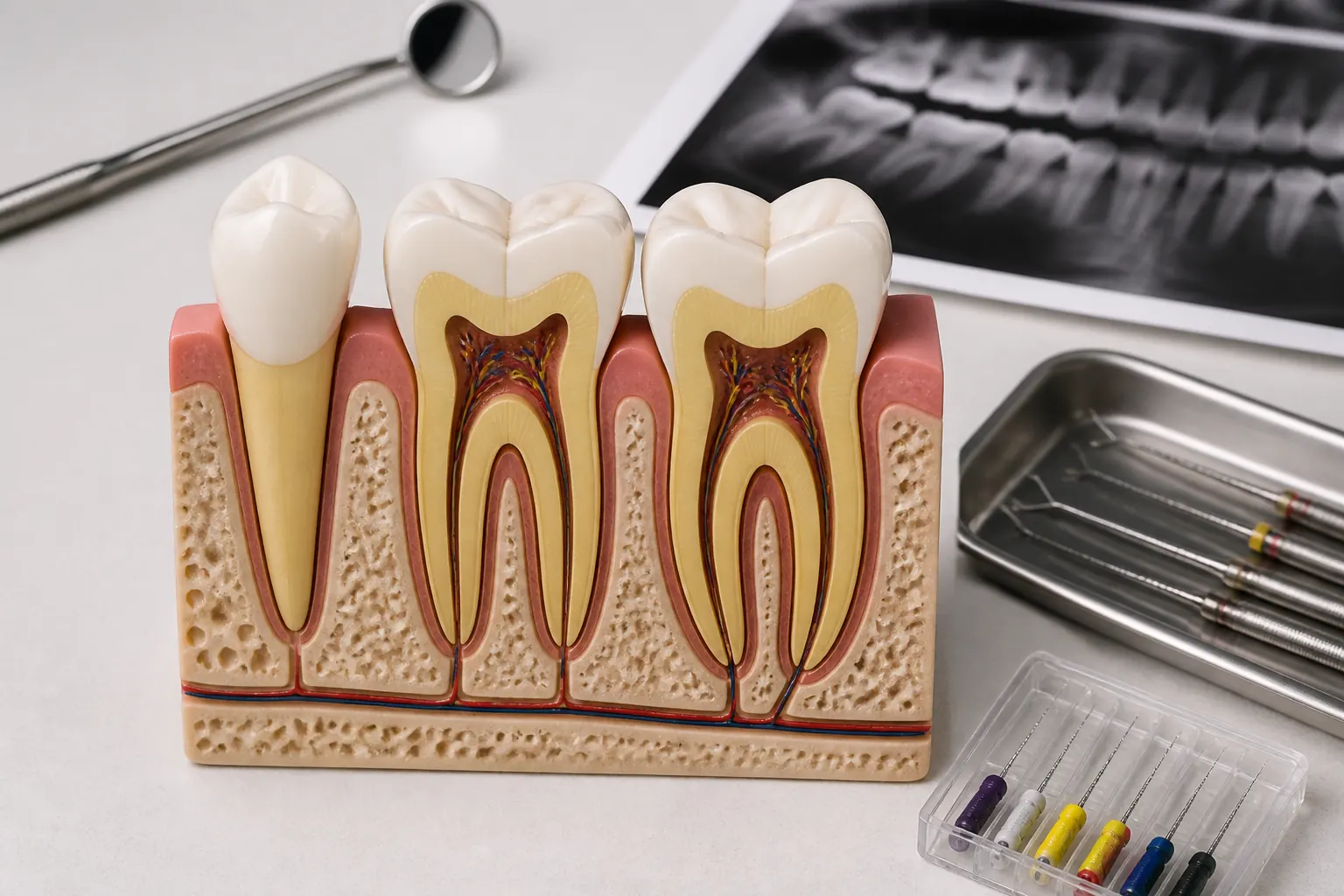 Cross-section tooth model beside dental instruments and an X-ray used to plan root canal treatment