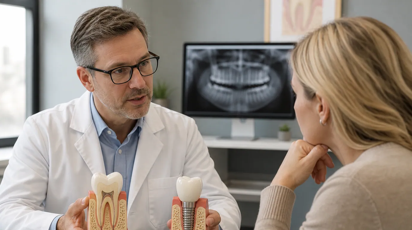 Natural tooth with a crown shown beside a single dental implant model during treatment planning
