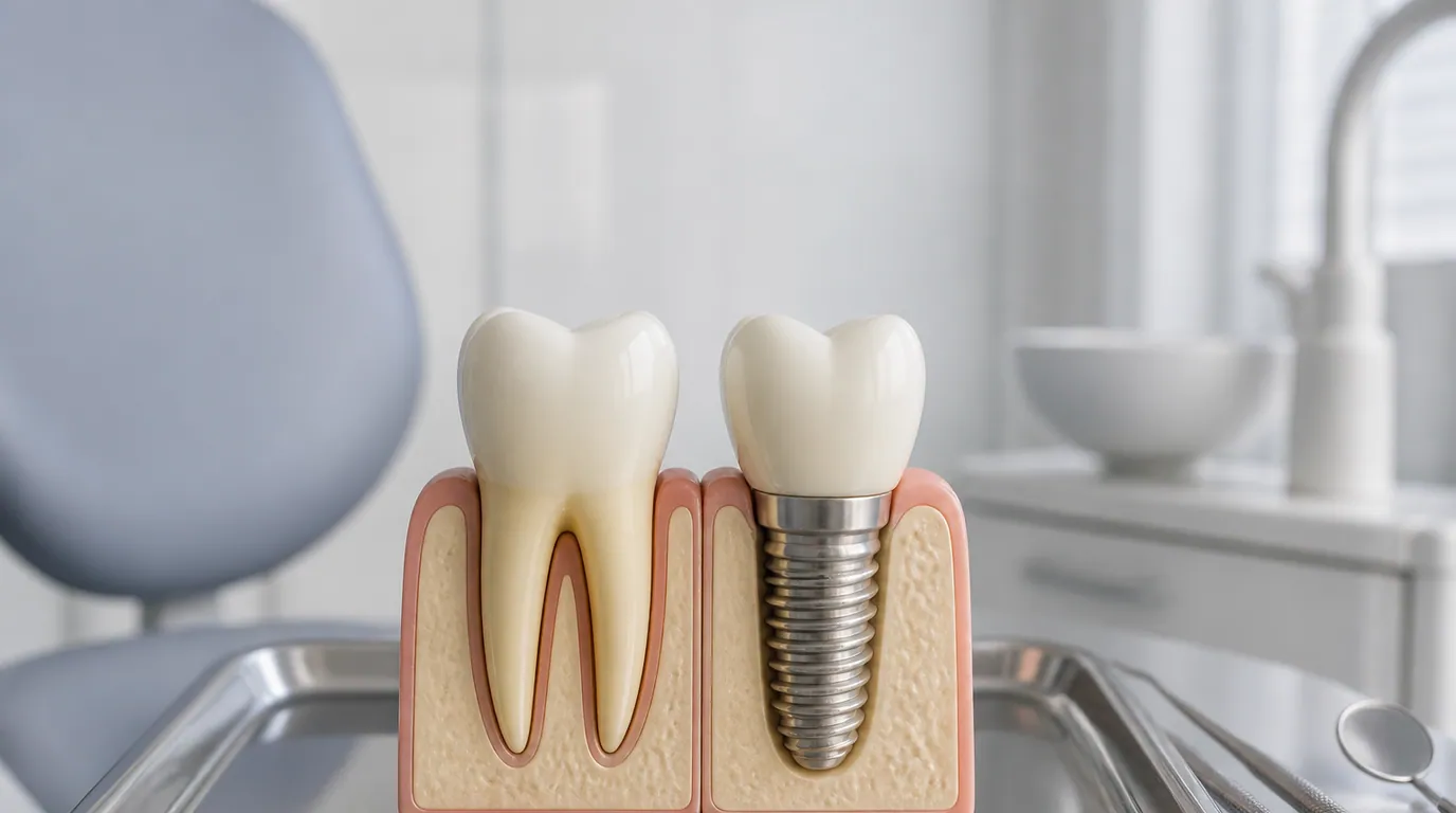 Side-by-side diagram comparing a root canal treated tooth with a crown and an implant-supported crown
