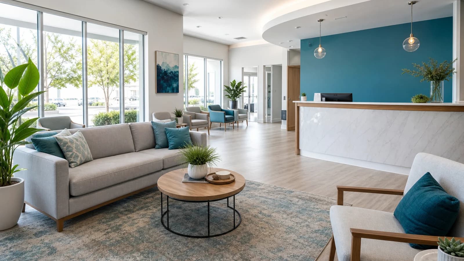A warm, welcoming dental reception area with comfortable seating and bright natural light
