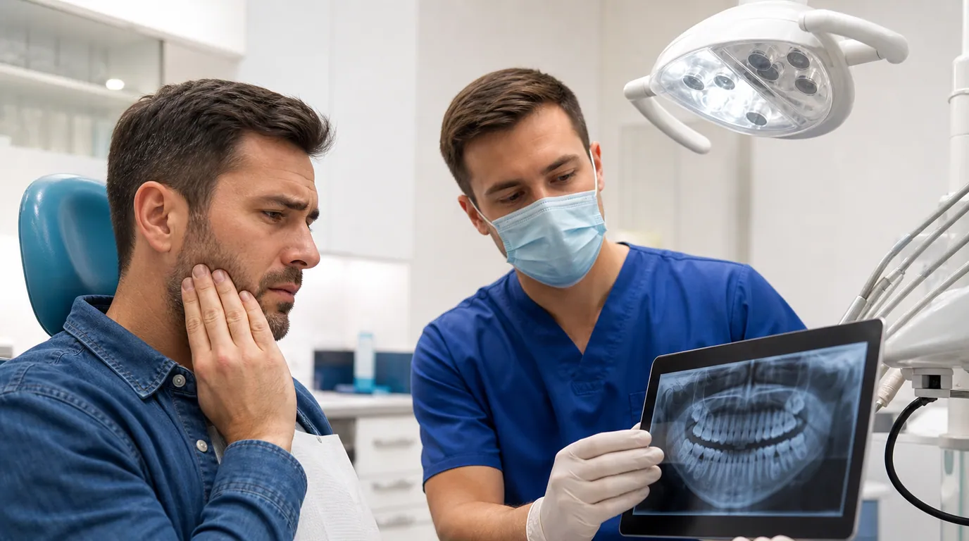 Adult holding a sore cheek while calling a dentist about possible tooth infection symptoms
