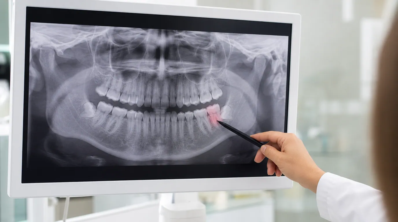 Patient applying a cold pack to the outside of a swollen cheek while waiting for urgent professional care