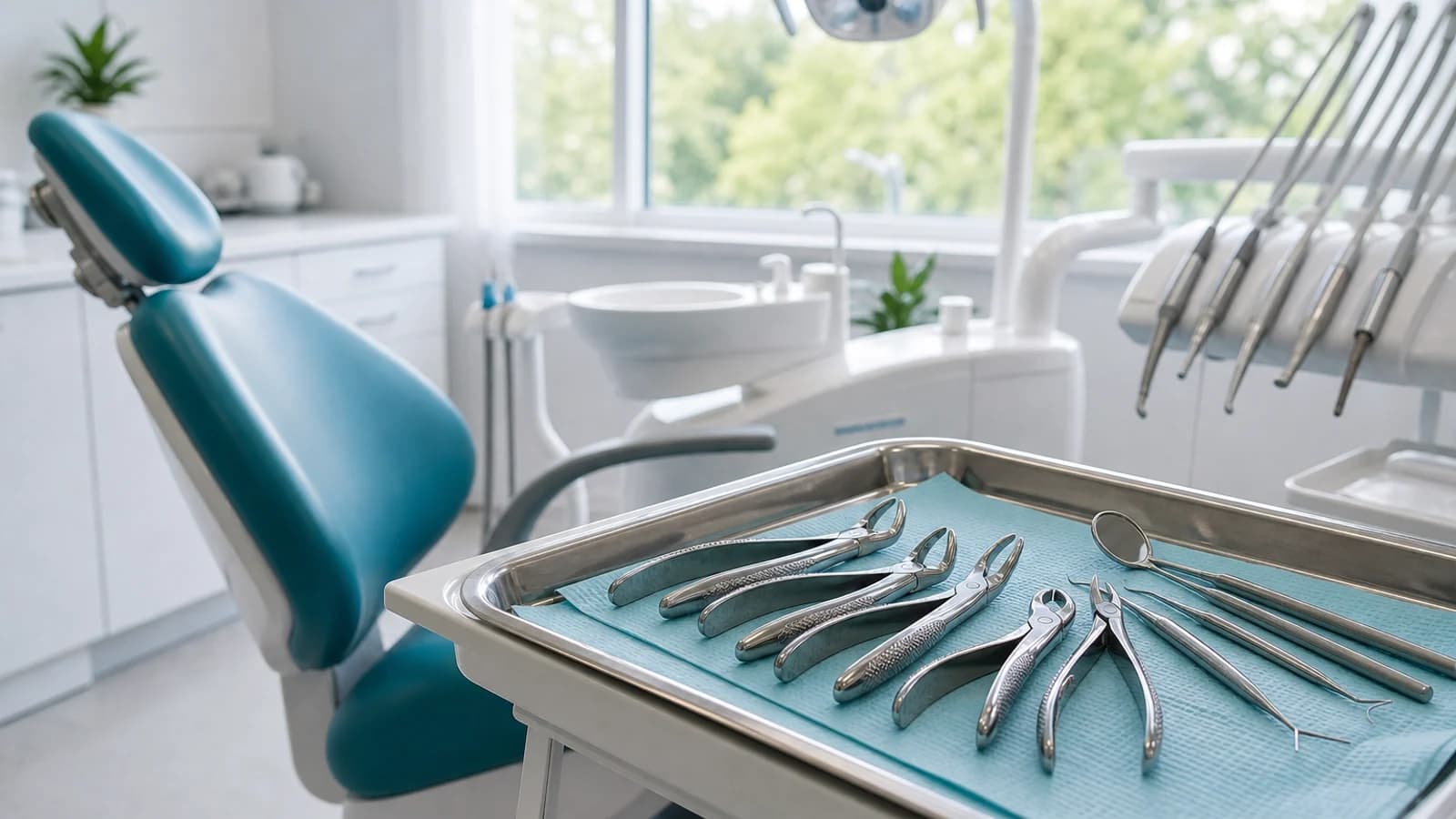 A clean dental operatory with an extraction instrument tray prepared beside a dental chair in soft daylight