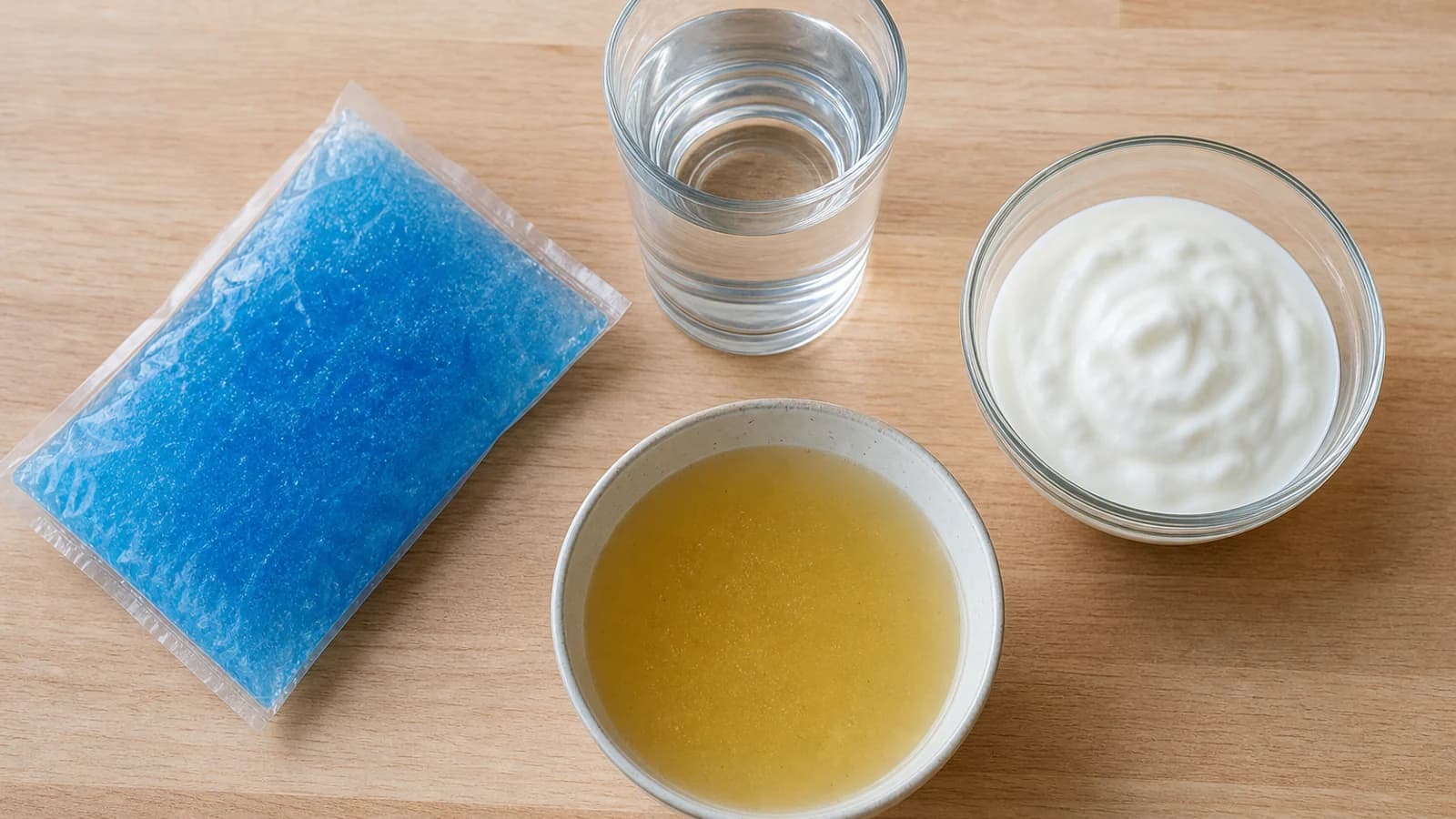 A cold compress, a glass of water, and soft foods like yogurt and broth arranged on a kitchen counter for tooth extraction recovery