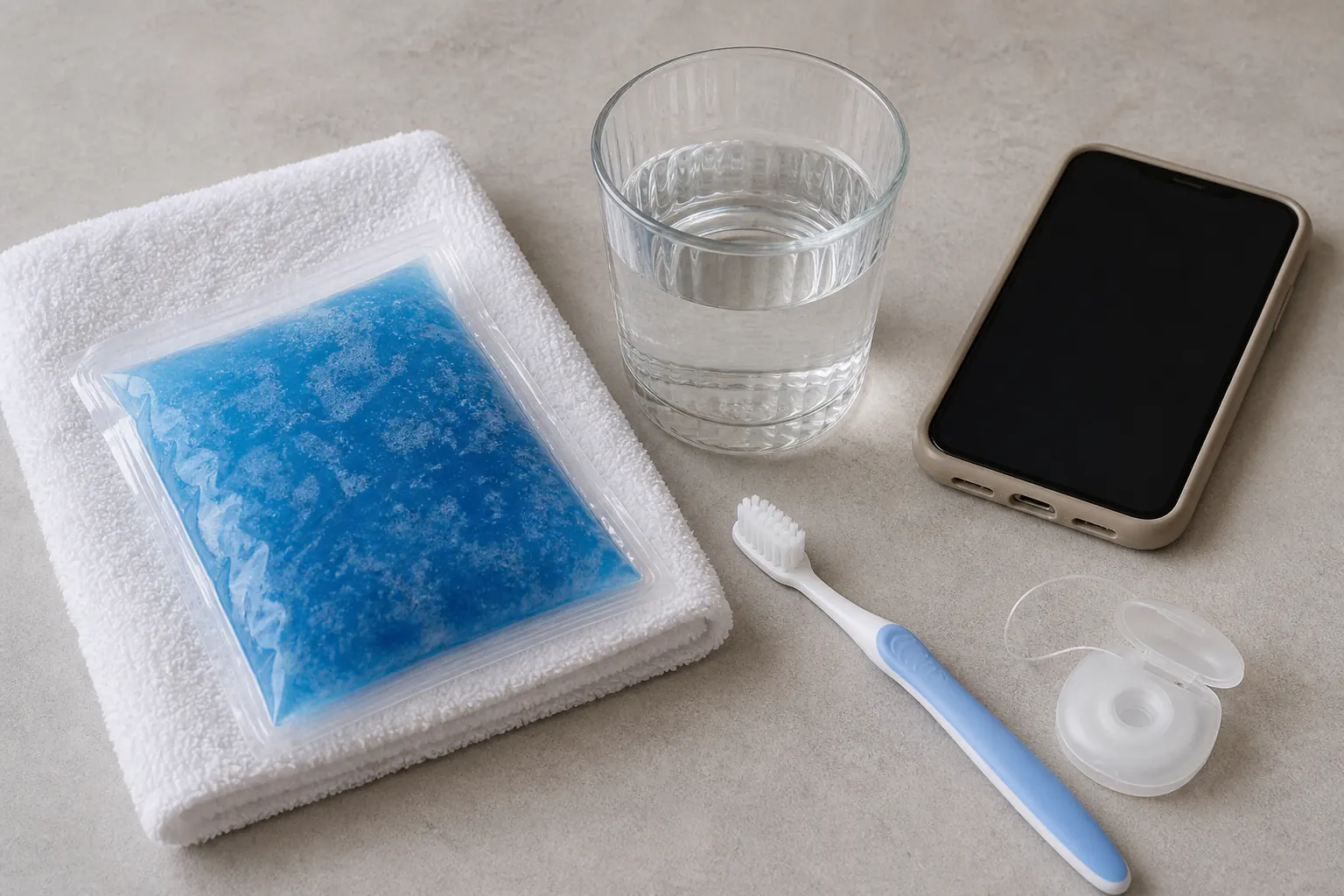 Safe temporary toothache supplies including floss, salt water, a wrapped cold pack, and a phone for calling the dentist