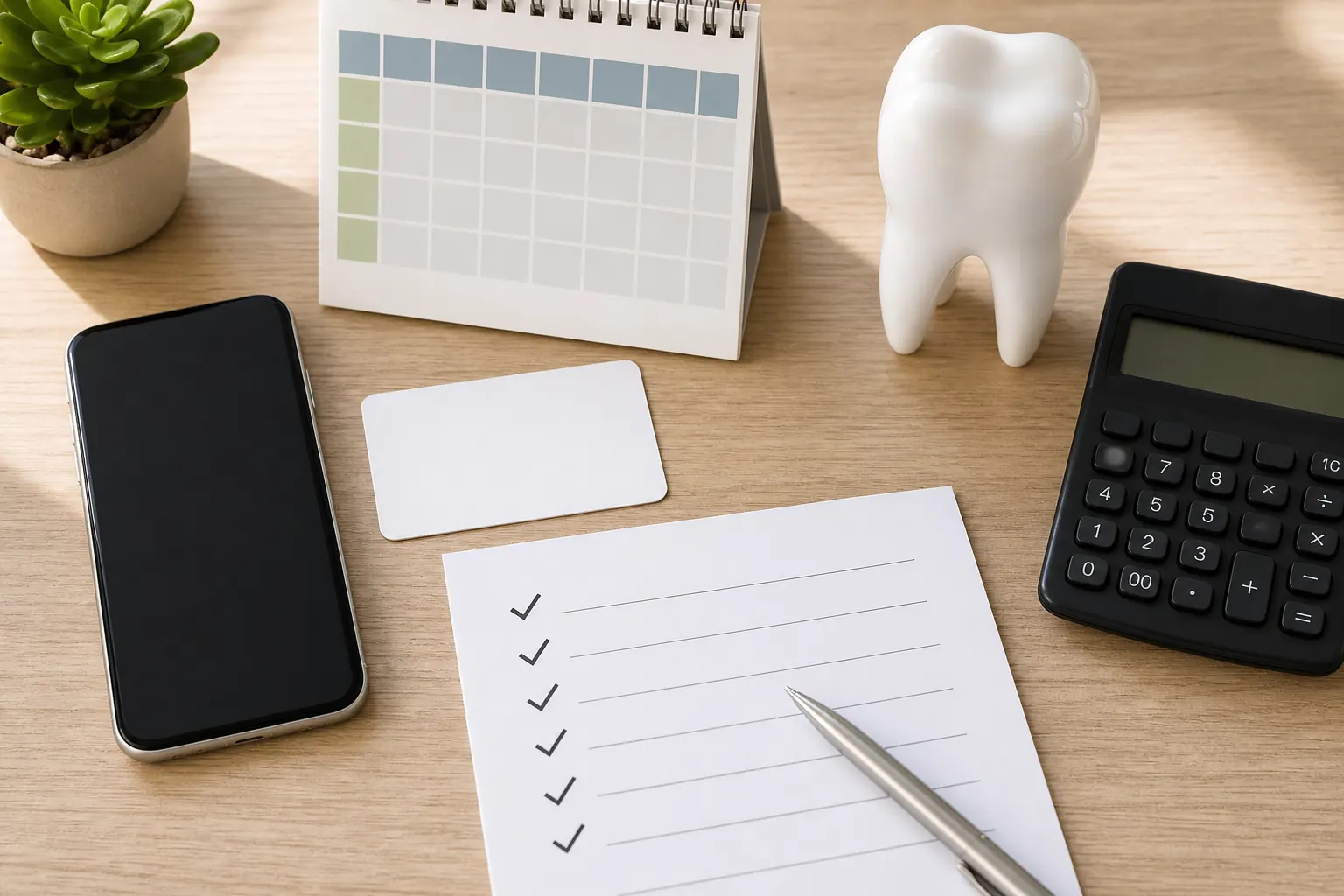 Dental benefits checklist beside a blank insurance card, calendar, phone, and calculator