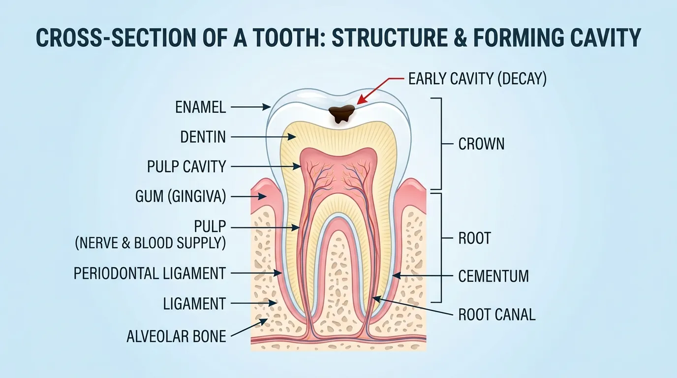 Close-up illustration showing stages of tooth decay from enamel to dentin to pulp