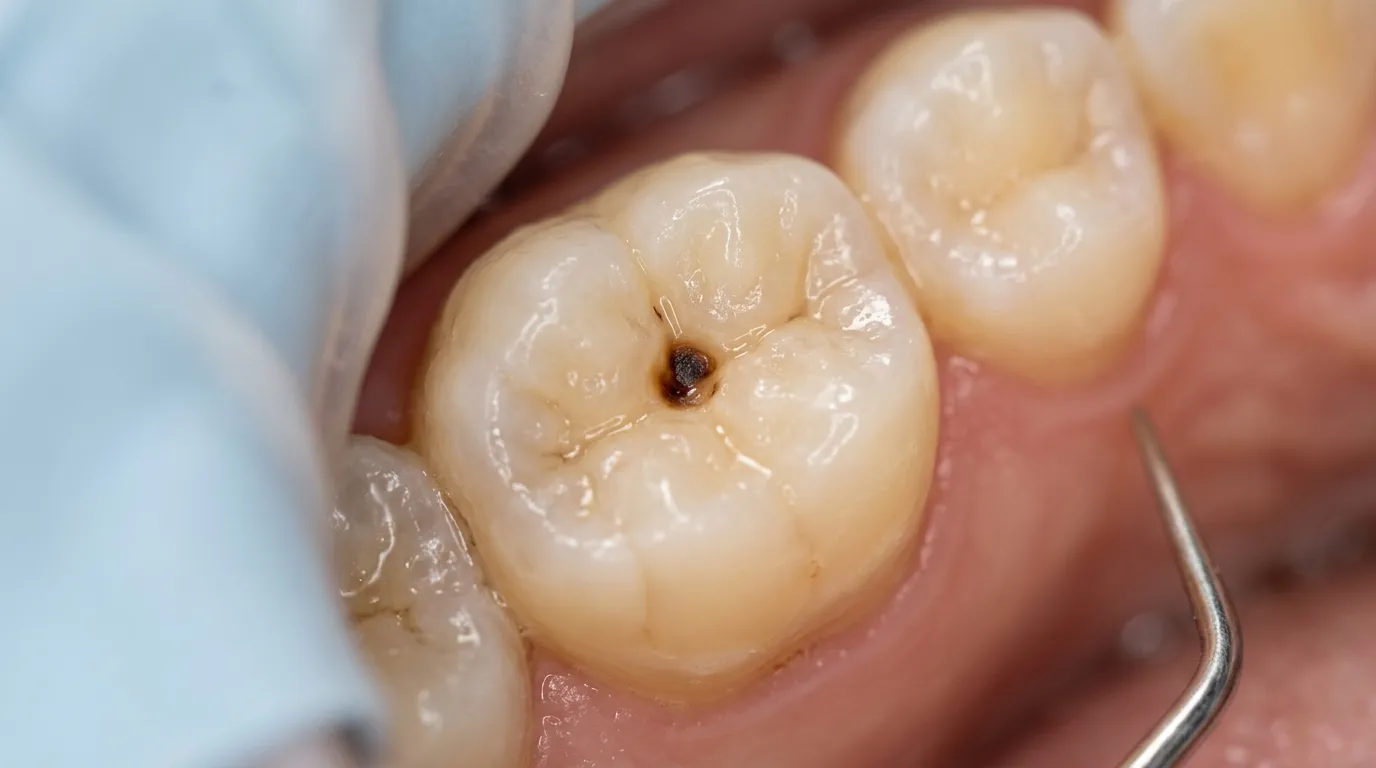 Close-up of a tooth showing progressive stages of decay from early enamel damage to deep cavity
