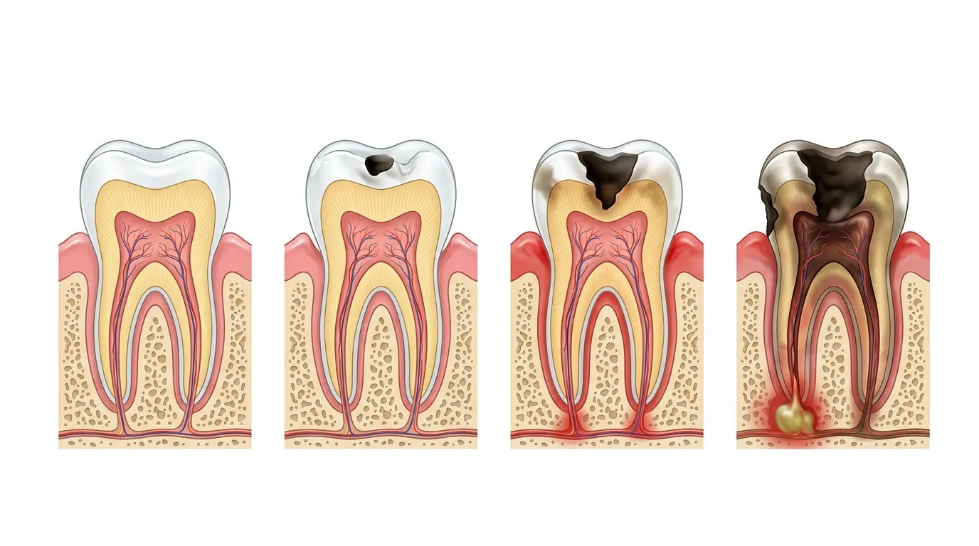 Diagram showing the six stages of tooth decay from healthy enamel to abscess and tooth loss