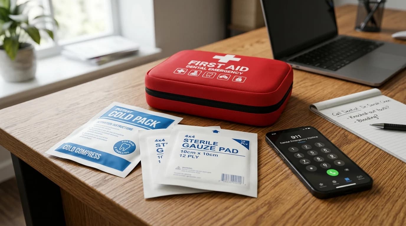 First aid supplies and phone suggesting preparedness for a dental emergency