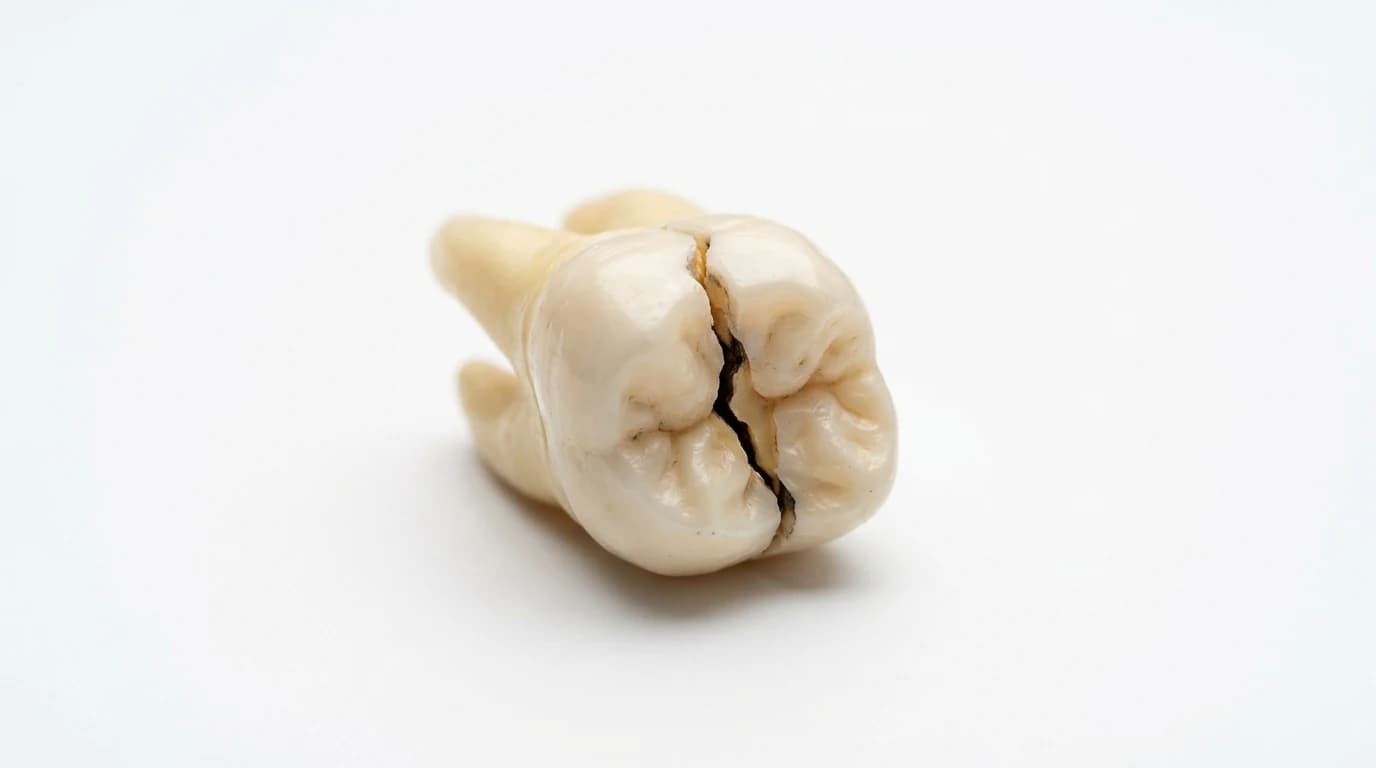 Close-up of a dental model showing a cracked tooth for patient education