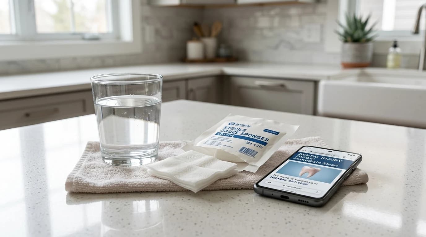 Glass of water, gauze, and cold compress for home first aid after a dental injury