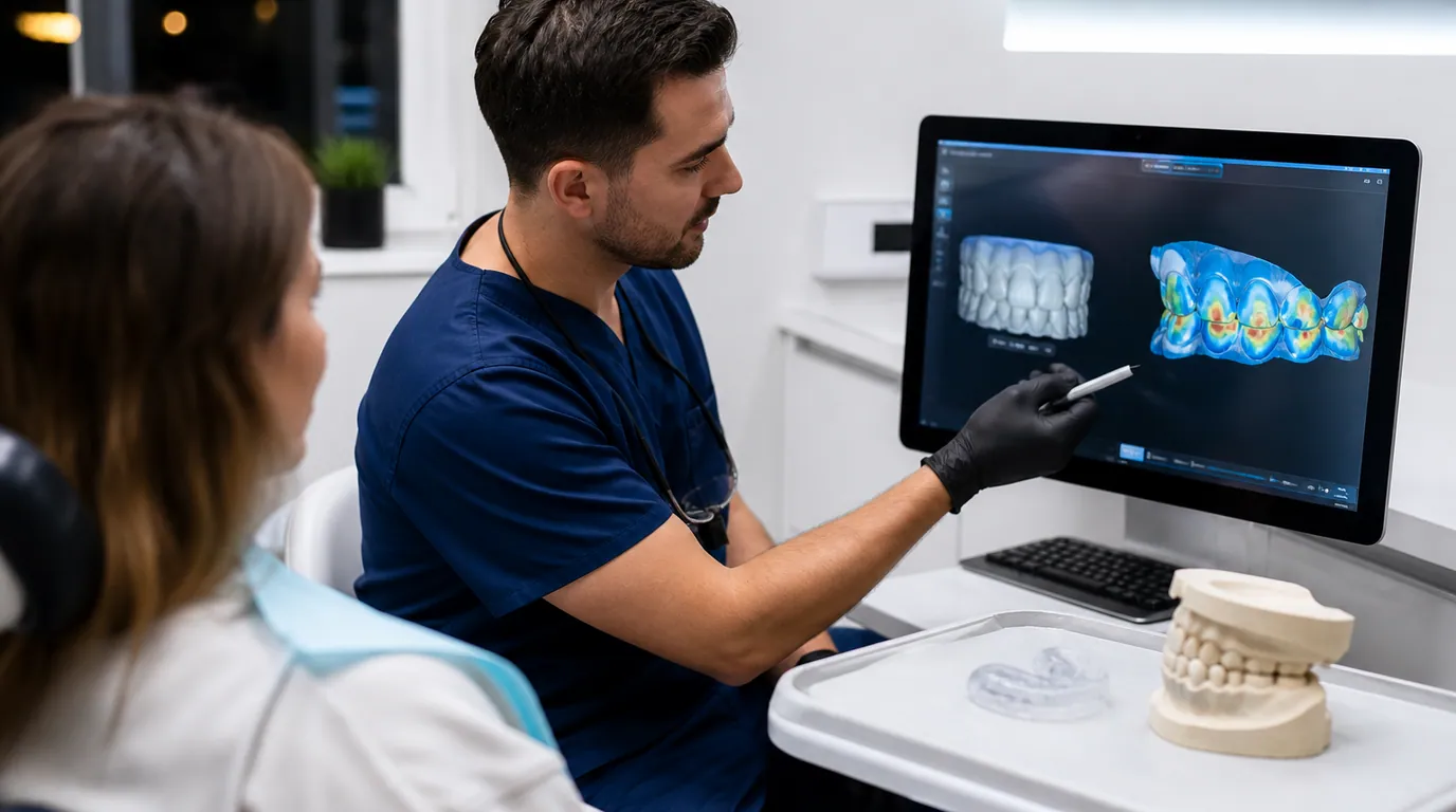 Dentist examining a fractured dental crown and reviewing how upper and lower teeth contact in the bite