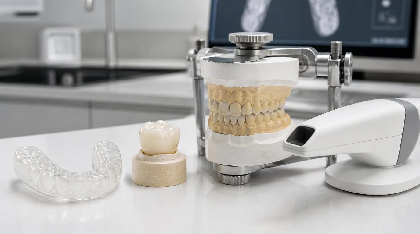 Close-up dental model with bite-marking contacts around a cracked molar crown to illustrate uneven chewing pressure