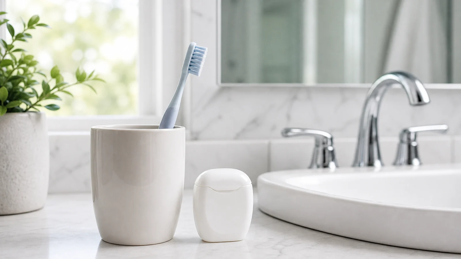 A toothbrush in a cup and a container of dental floss on a clean bathroom counter beside a sink