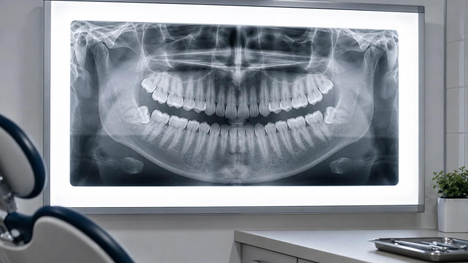 A backlit panoramic dental x-ray showing a lower jaw with impacted wisdom teeth on a viewer in a dental office