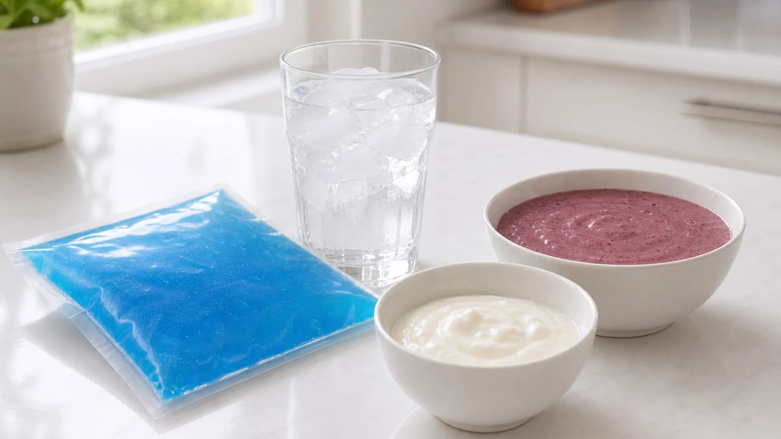 A cold gel pack, a glass of water, and soft foods like yogurt and a smoothie on a kitchen counter for wisdom tooth recovery